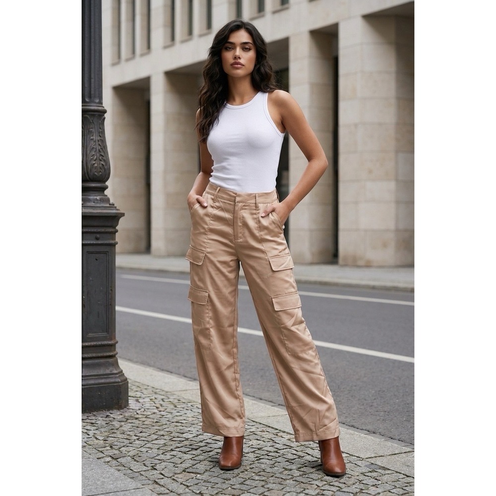 The Noli Shop Gold Satin Cargo Pants Wide Leg High Rise Utility Trousers Size 8